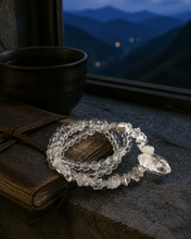 Load image into Gallery viewer, NORBU OBJECTS product image direction: a neck-worn line with a central pendant or focal detail; clear and translucent tones; deep highland light; a map archivist in a quiet Lhasa guesthouse; collector archive.