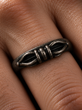 Load image into Gallery viewer, The Unbroken Dorje statement ring worn on a hand, close-up view.